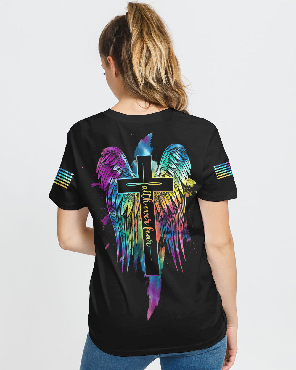 Faith Over Fear Wings Colorful Cross Light Women's Christian Tshirt