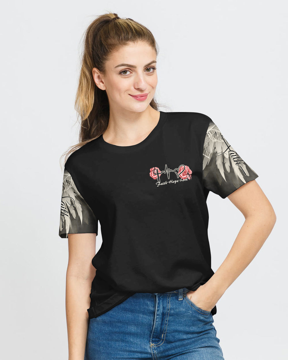 Pink Rose Cross Wings Vintage Women's Christian Tshirt