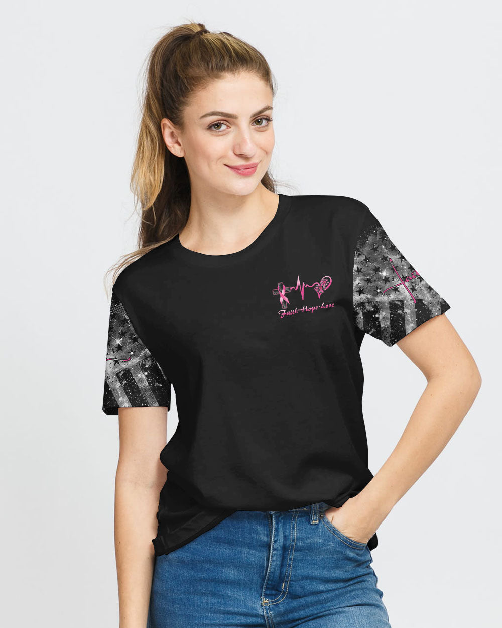 Faith Cross Sunflower Women's Breast Cancer Awareness Tshirt