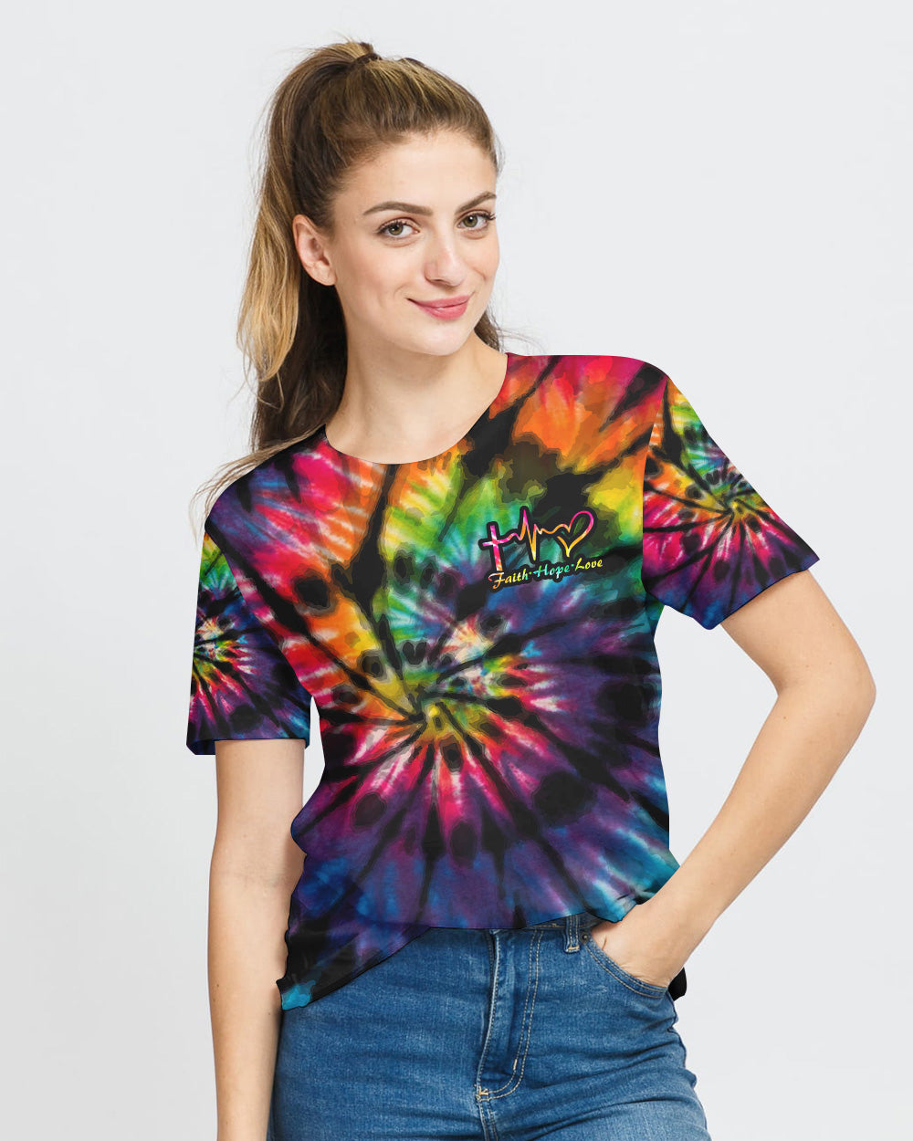 Sunflower Cross Full Tie Dye Faith Women's Christian Tshirt