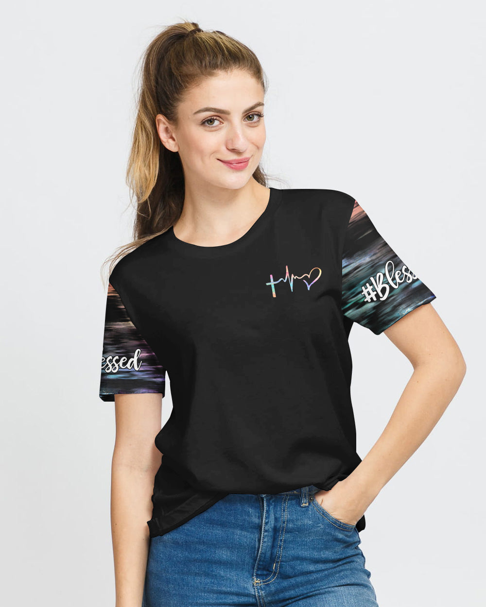 Faith Over Fear Jesus Cross Colorful Water Women's Christian Tshirt