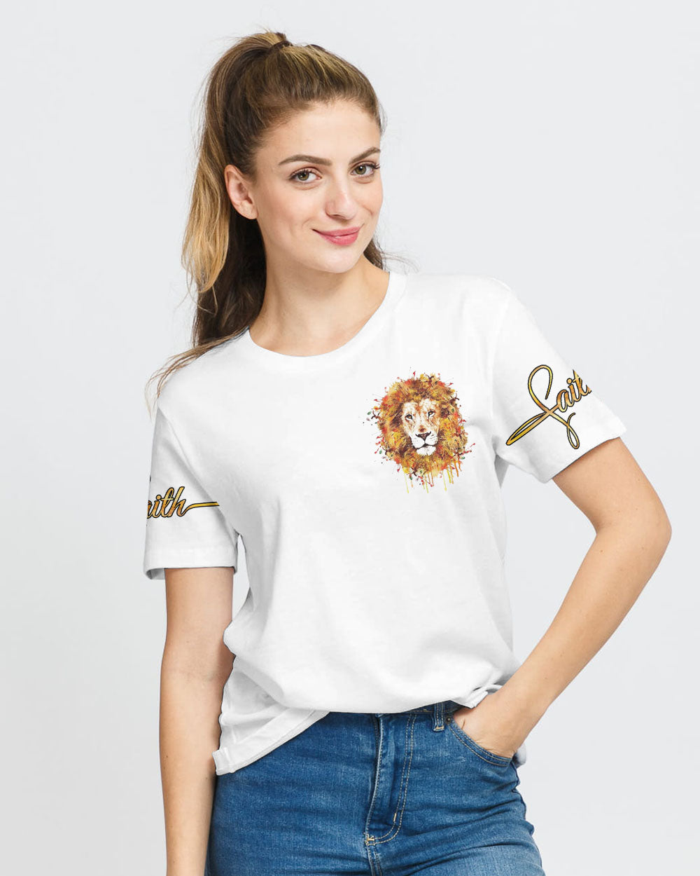 Faith Watercolor Lion Cross Women's Christian Tshirt