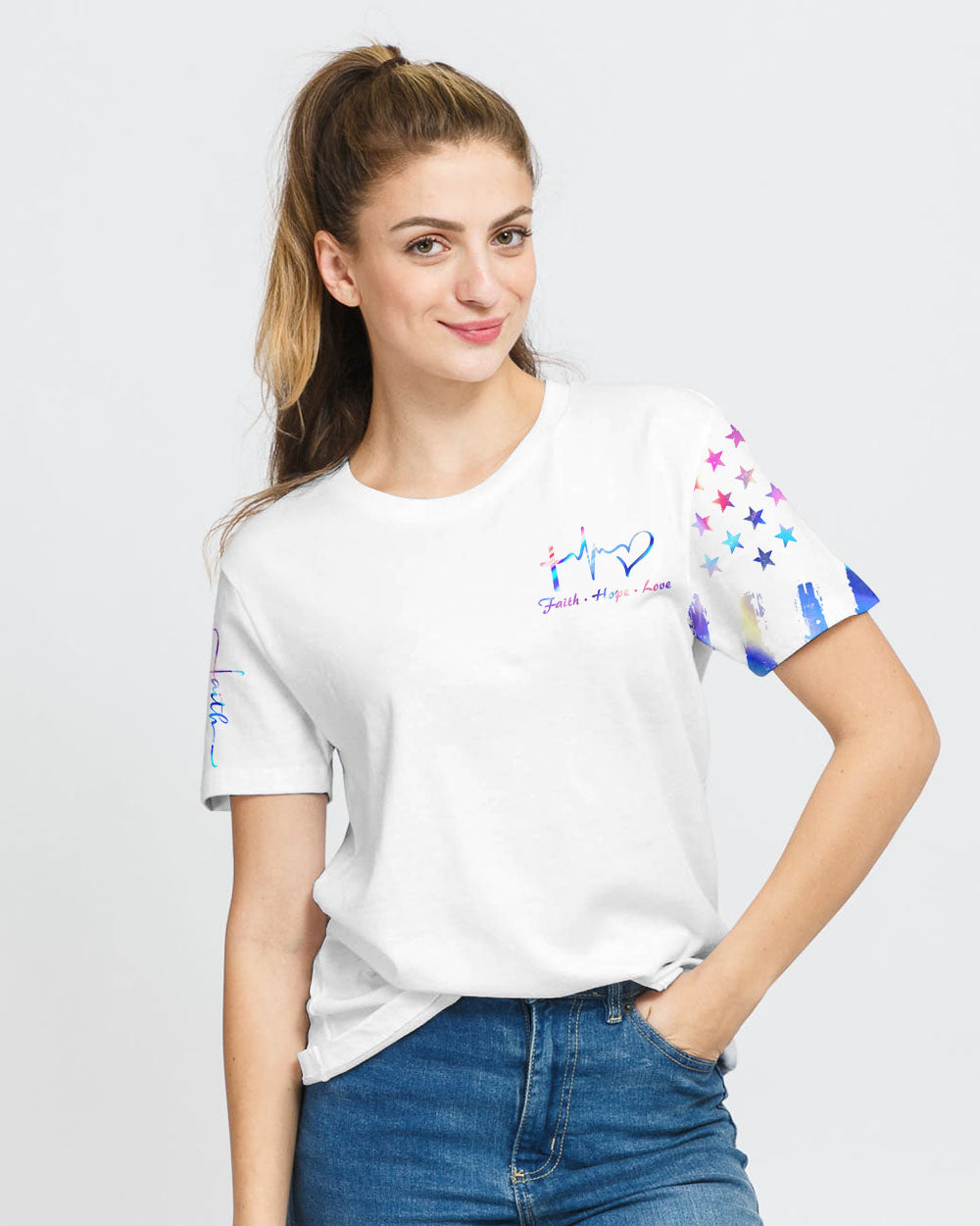 Jesus Lion Cross Colorful Flag Women's Christian Tshirt