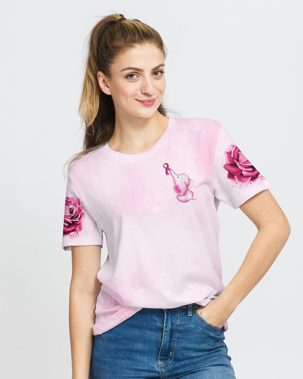 Never Give Up Rose Elephant Women's Breast Cancer Awareness Tshirt