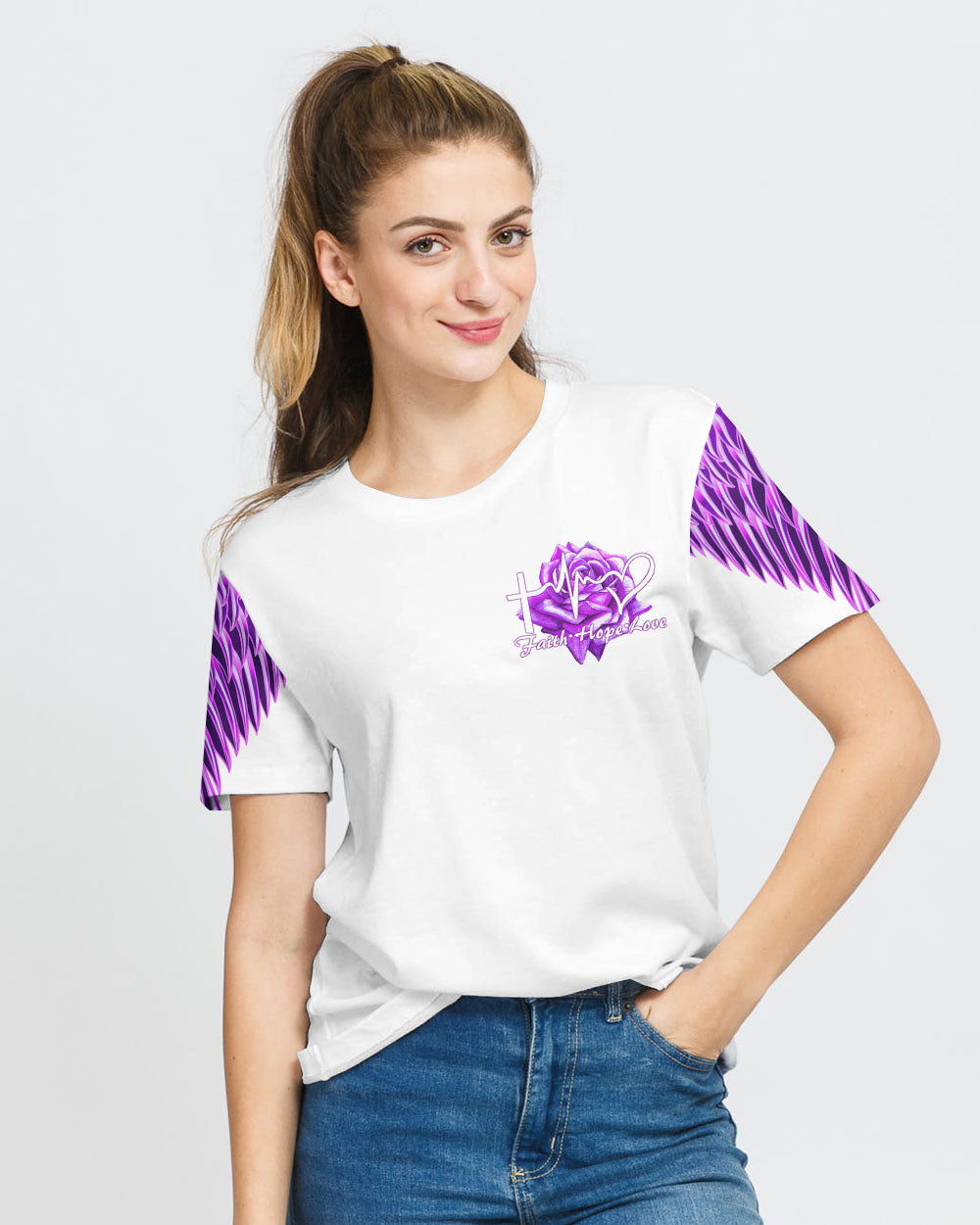 Faith Purple Rose Cross Butterfly Women's Christian Tshirt