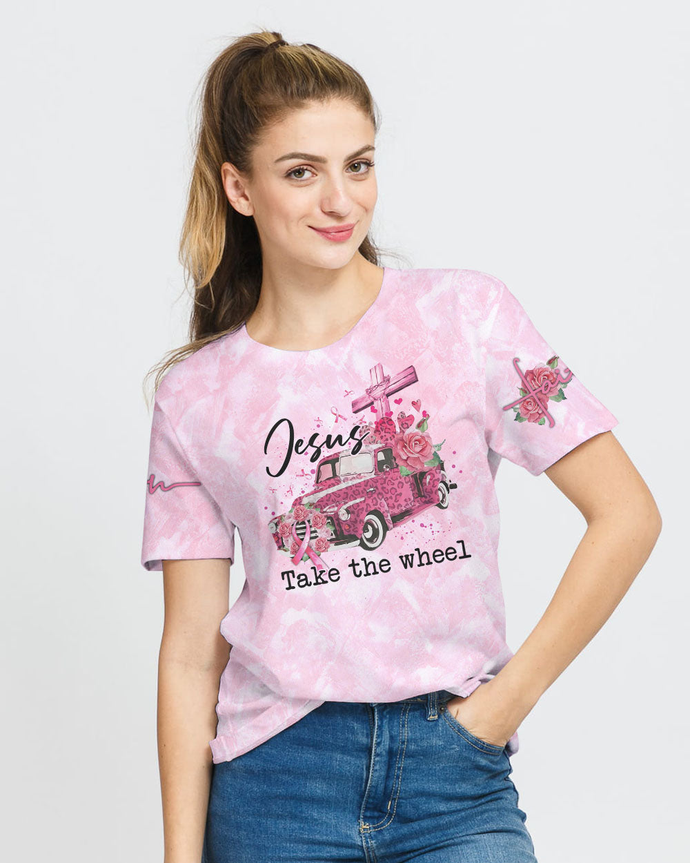 Jesus Take The Wheel Women's Breast Cancer Awareness Tshirt