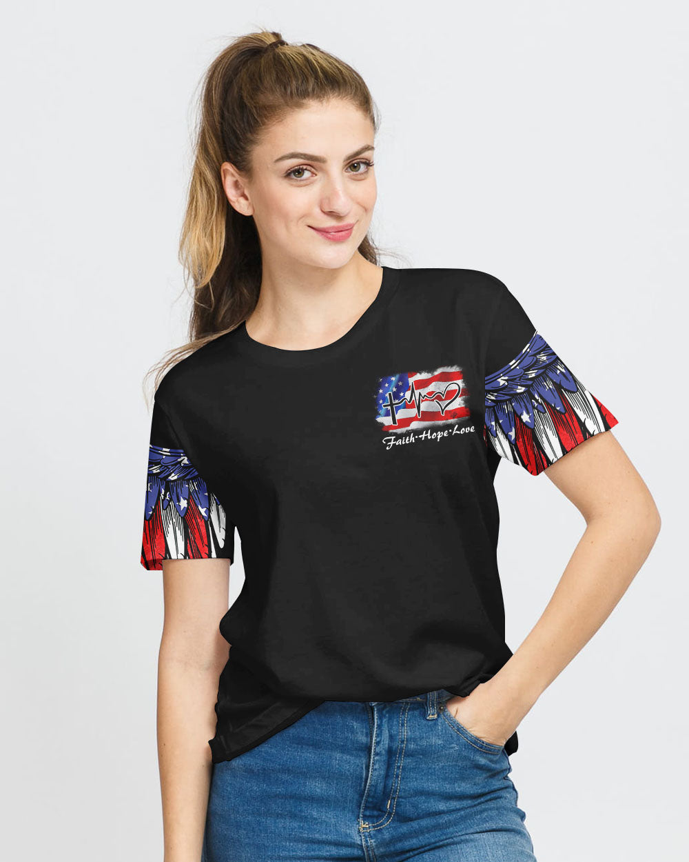 Jesus American Flag Wings Arm Women's Christian Tshirt