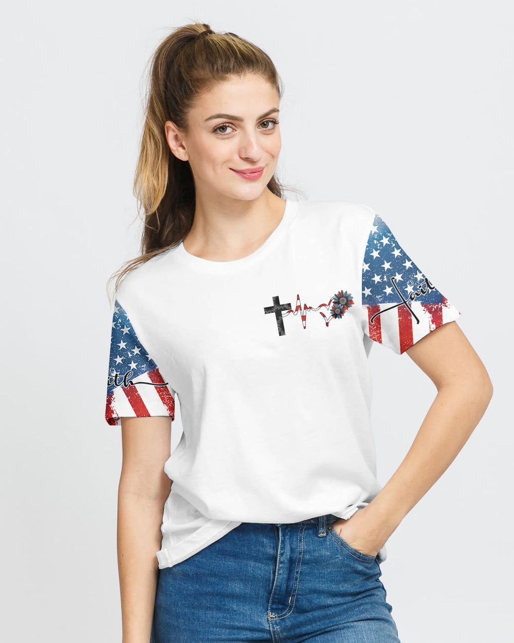 One Blessed Mama America Wings Cross Women's Christian Tshirt