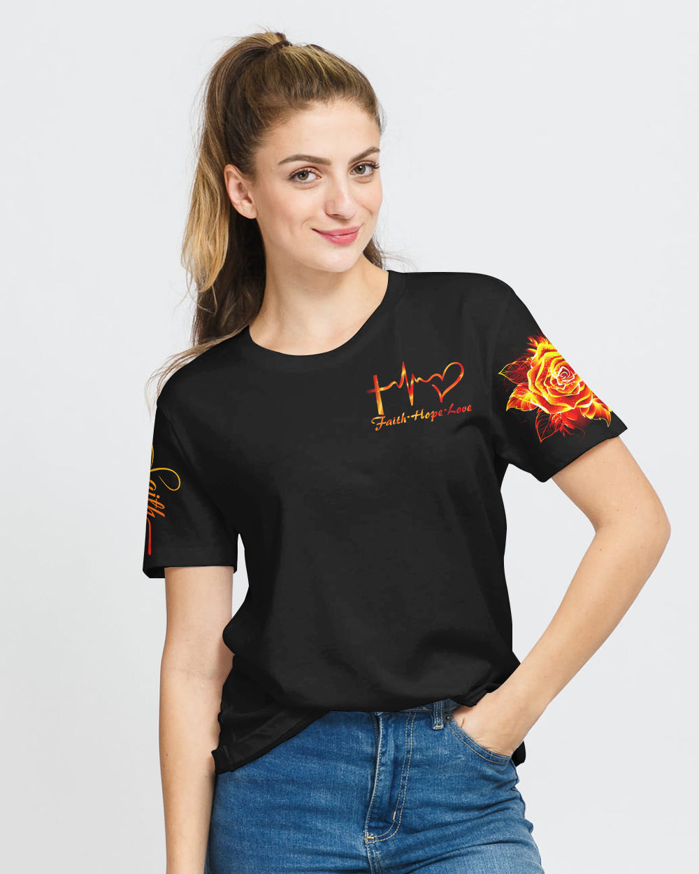 Fire Rose Wings Cross Faith Women's Christian Tshirt