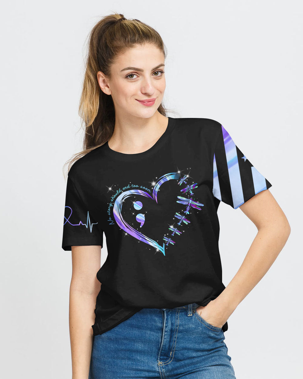 Dragonfly Fight Holographic Flag Women's Suicide Prevention Awareness Tshirt