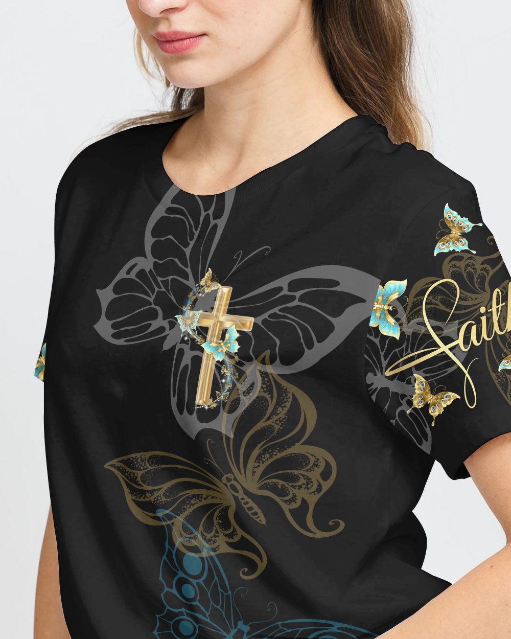 Faith Gold Cross Butterfly Women's Christian Tshirt