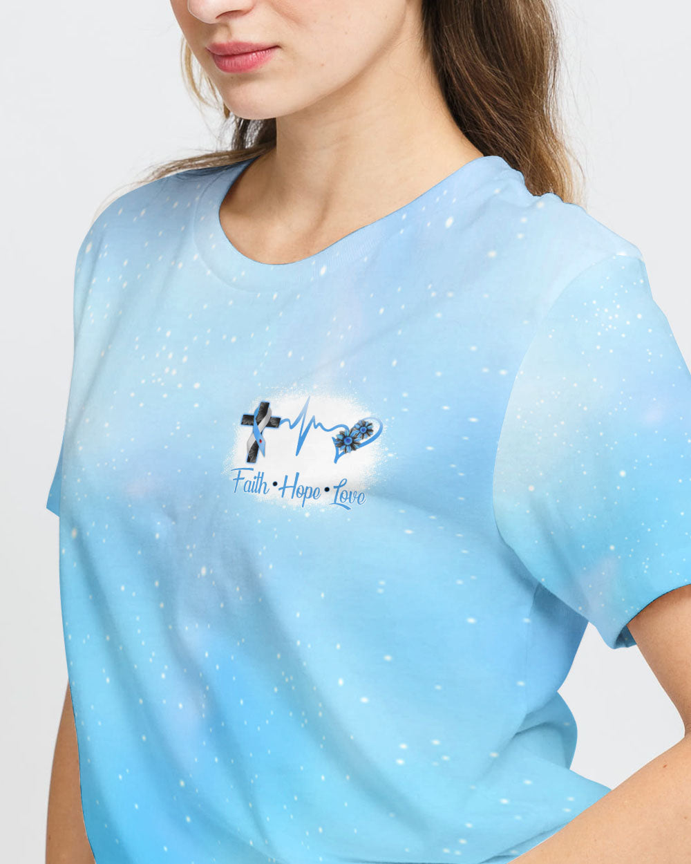 In November We Wear Blue Wings Sunflower Cross Bleached Women's Diabetes Awareness Tshirt