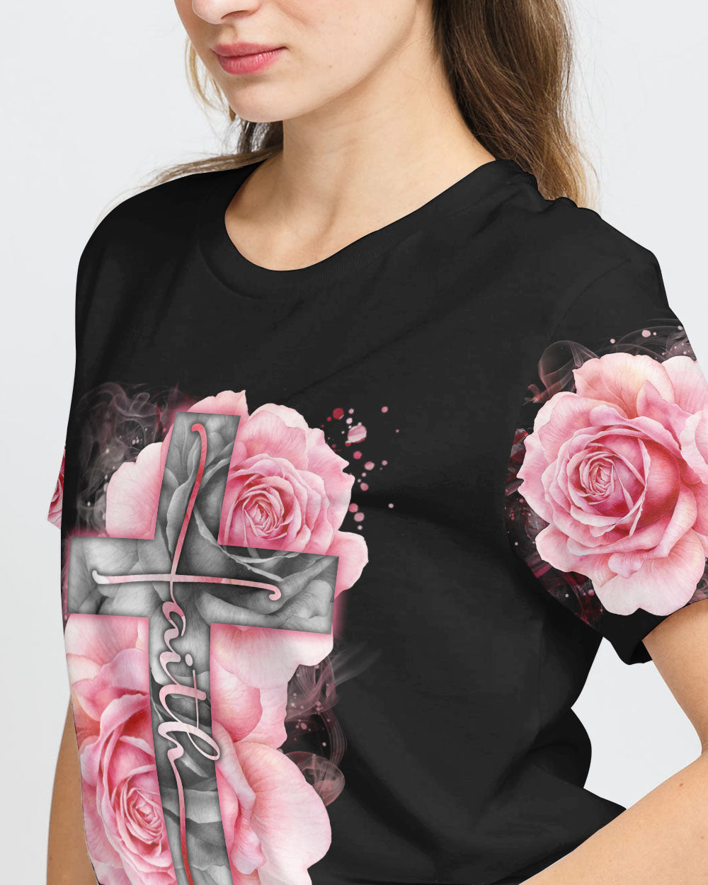 Light Pink Cross Roses Smoke Women's Christian Tshirt