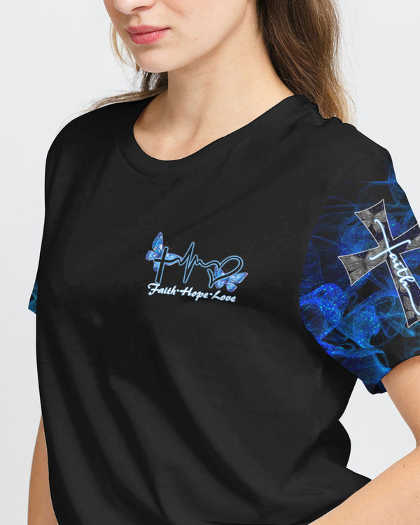 Faith Cross Blue Butterfly Smoke Women's Christian Tshirt