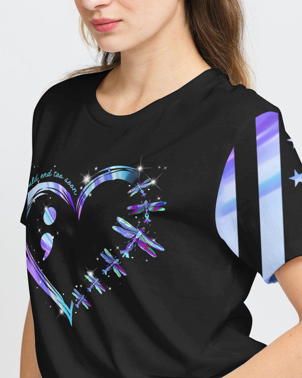 Dragonfly Fight Holographic Flag Women's Suicide Prevention Awareness Tshirt