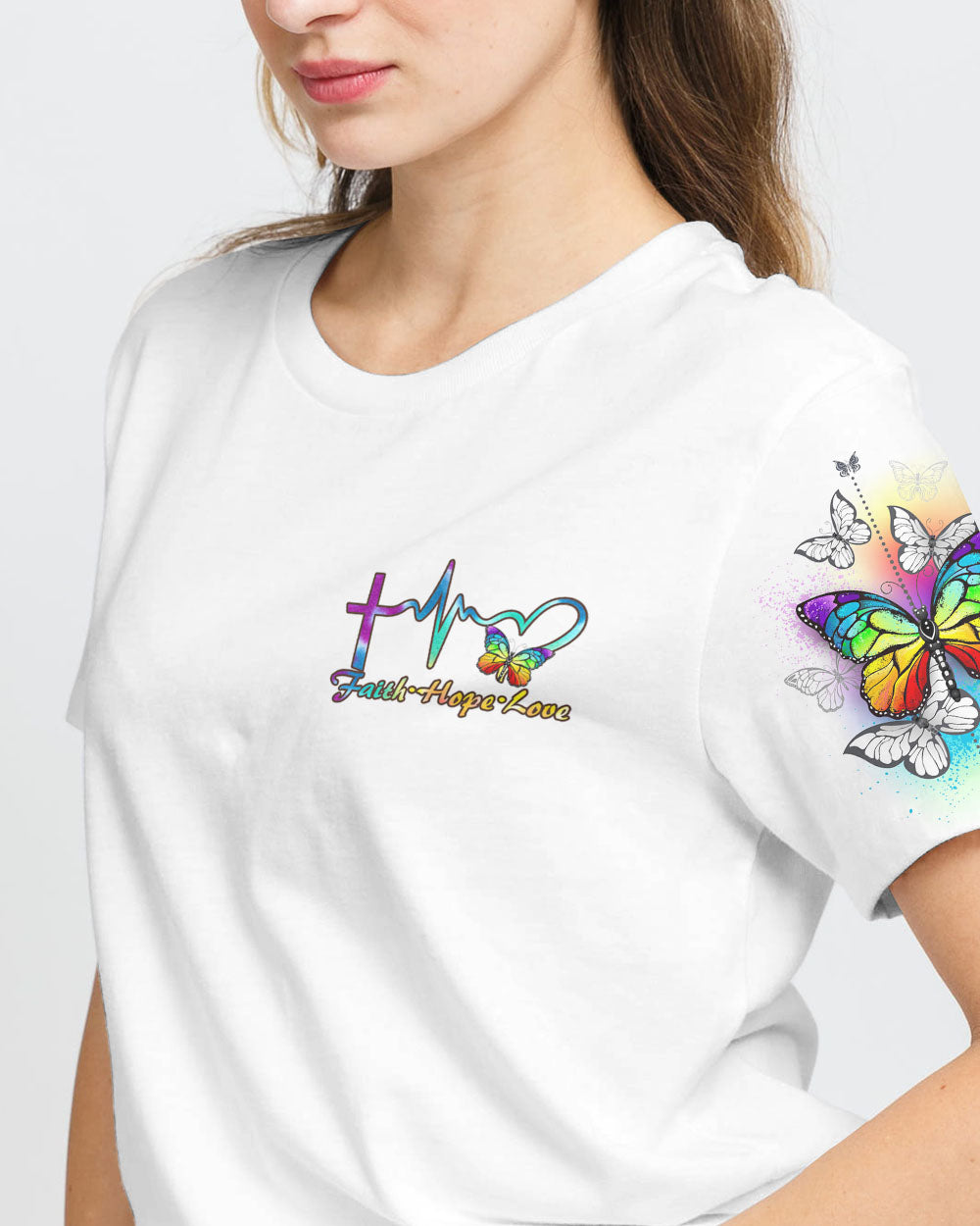 Colorful Butterflies Faith Cross Women's Christian Tshirt