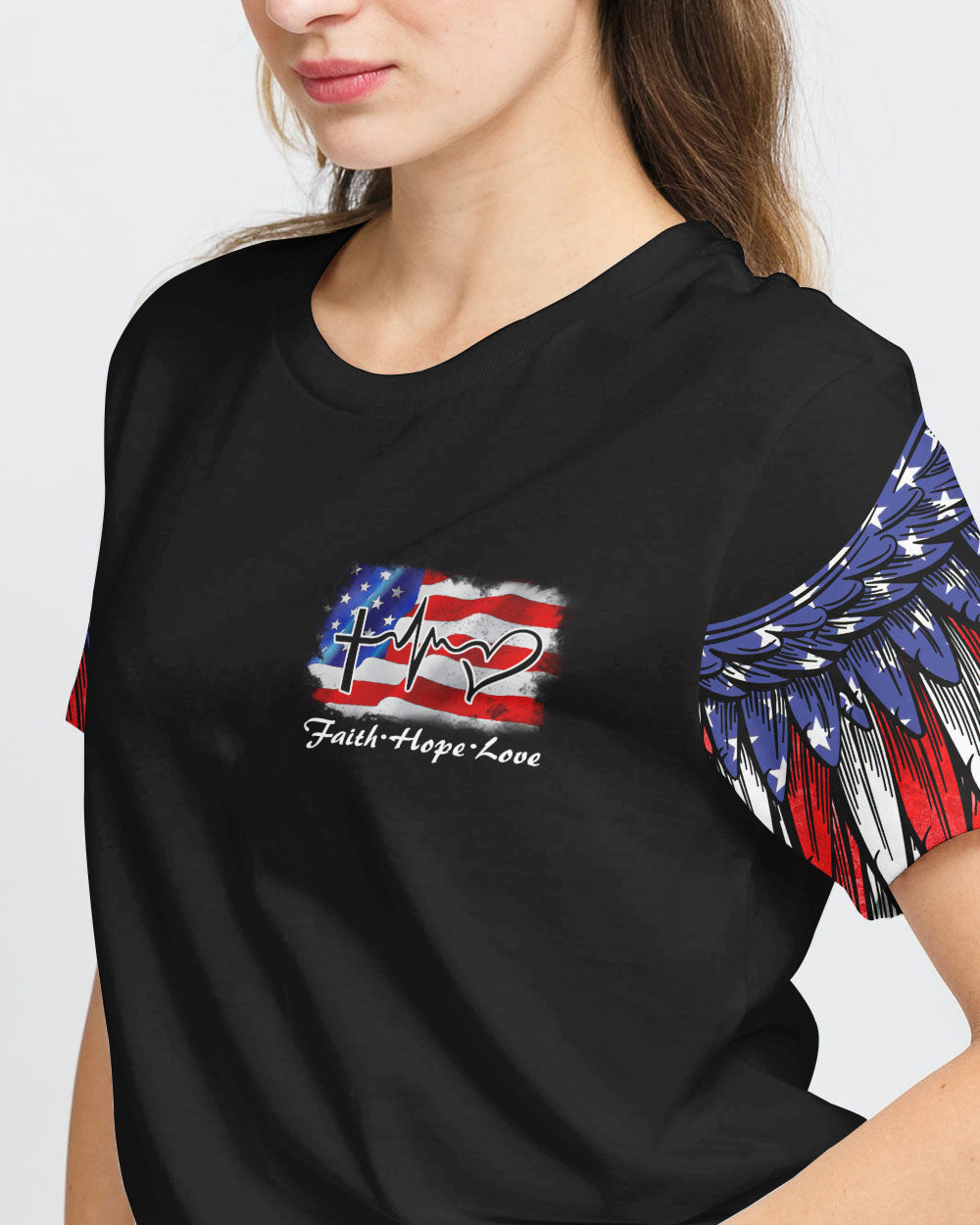 Jesus American Flag Wings Arm Women's Christian Tshirt