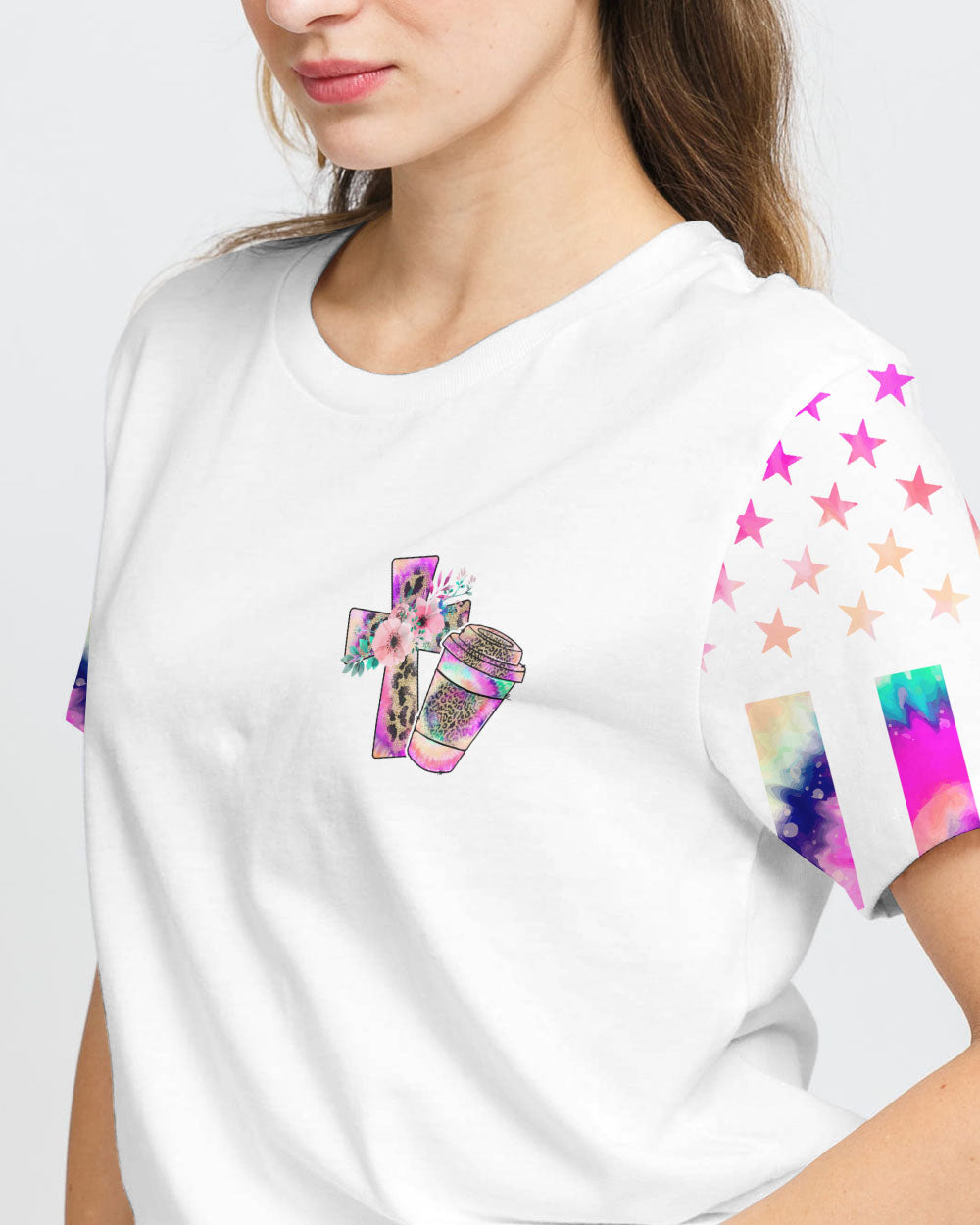 Coffee Gets Me Started Jesus Keeps Me Going Colorful Cross Faith Flag Tie Dye Women's Christian Tshirt