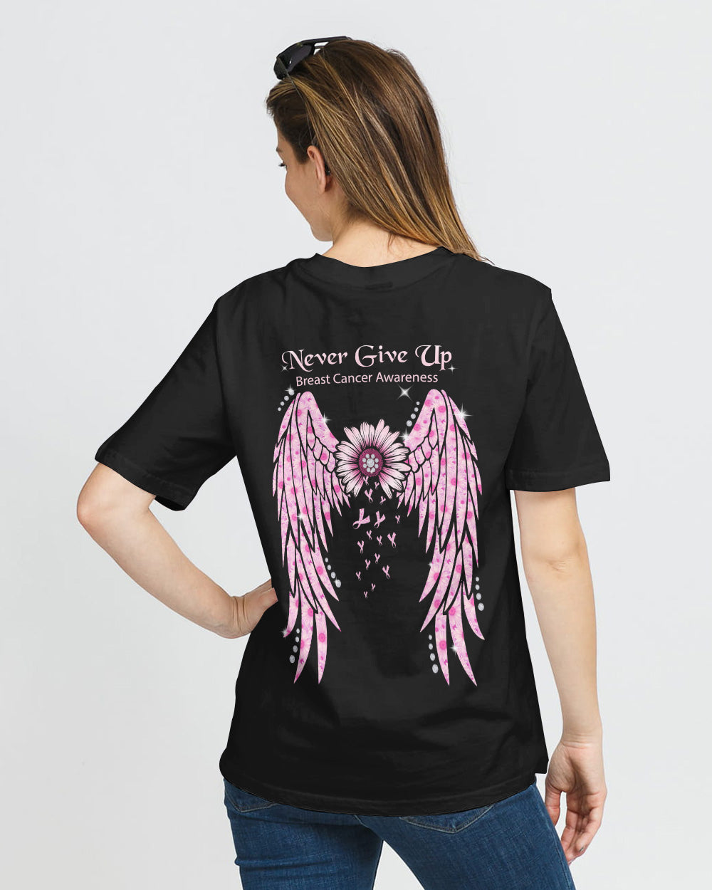 Never Give Up Pink Wings Daisy Women's Breast Cancer Awareness Tshirt