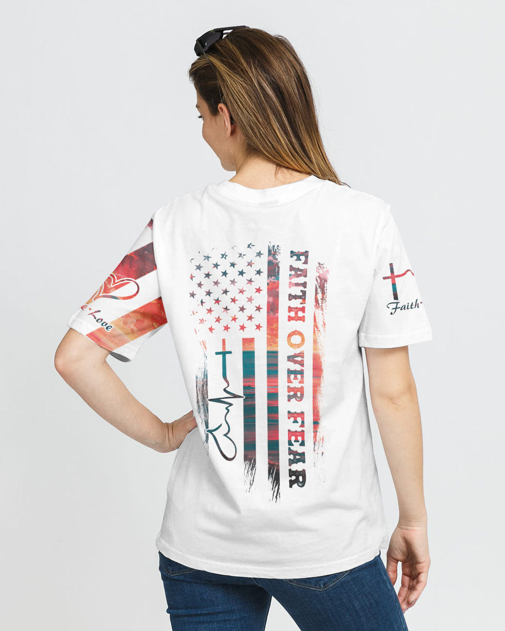 Faith Over Fear Sunset Beach Flag Women's Christian Tshirt
