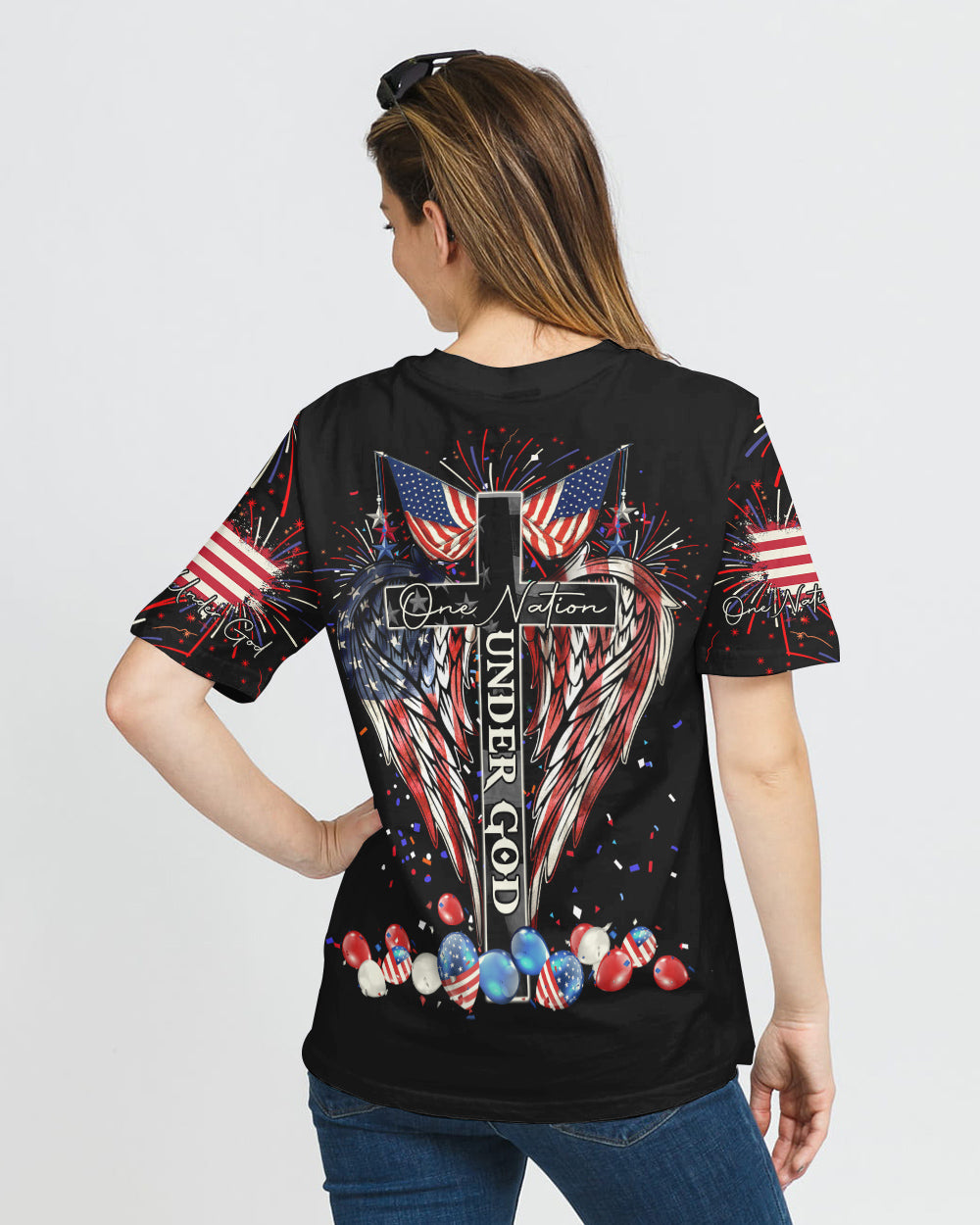 One Nation Under God Cross Wings Independence Day Women's Christian Tshirt