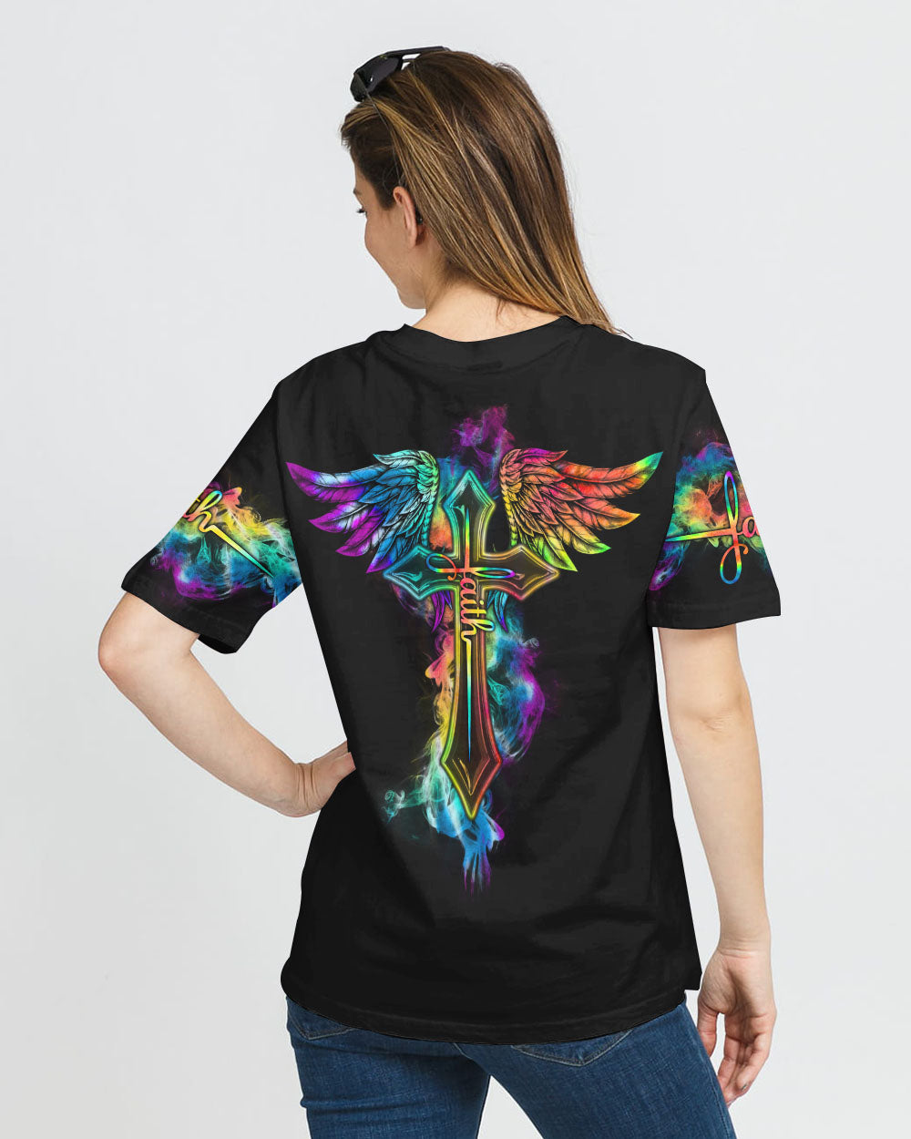 Faith Colorful Wings Cross Smoke Women's Christian Tshirt