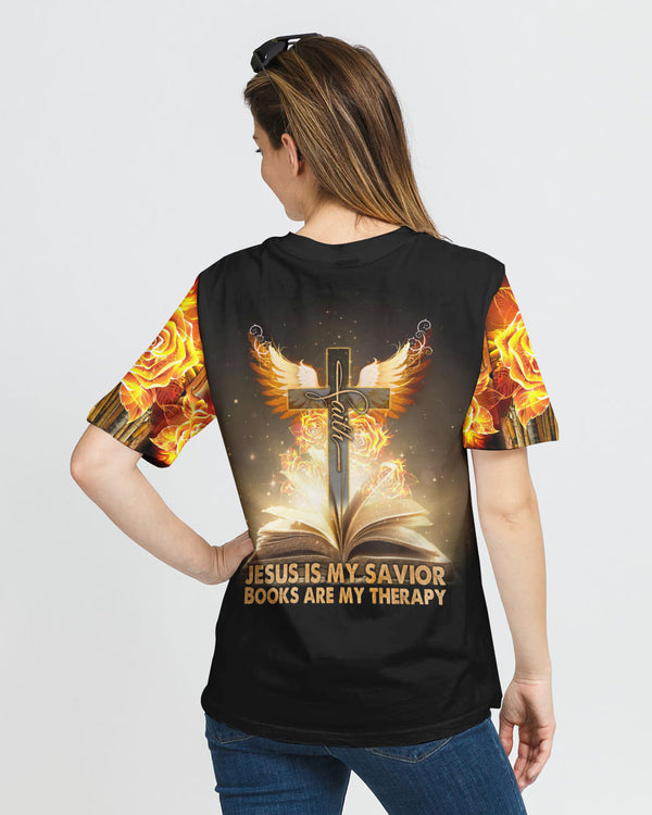 Jesus Is My Savior Books Are My Therapy Gold Faith Cross Women's Christian Tshirt