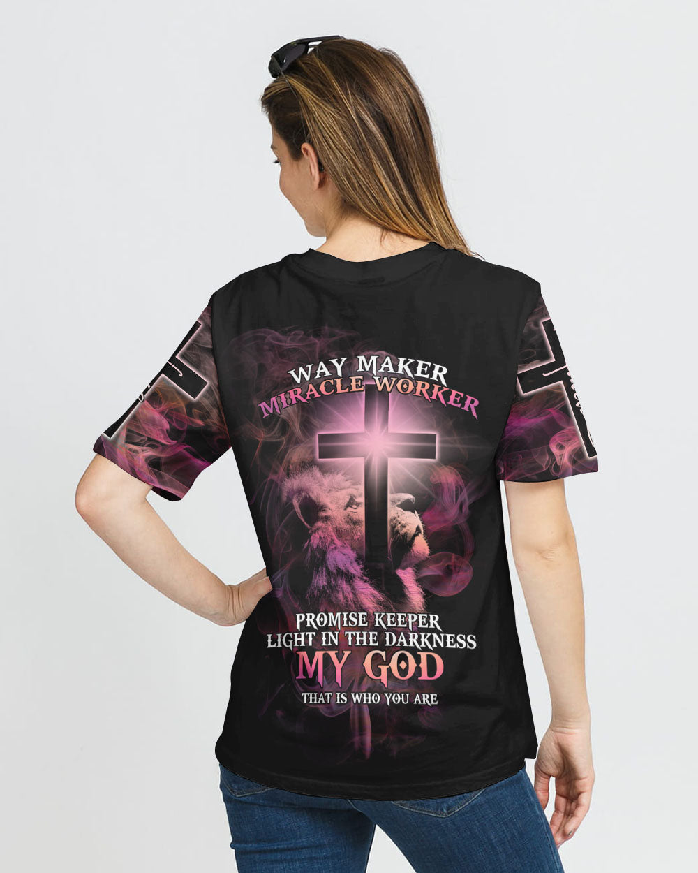 Way Maker Miracle Worker Lion Cross Pink Smoke Women's Christian Tshirt