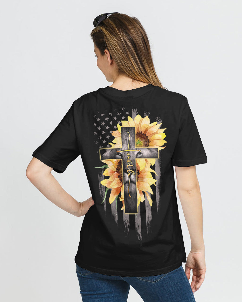 Faith Lion Cross American Flag Heart Beat Women's Christian Tshirt