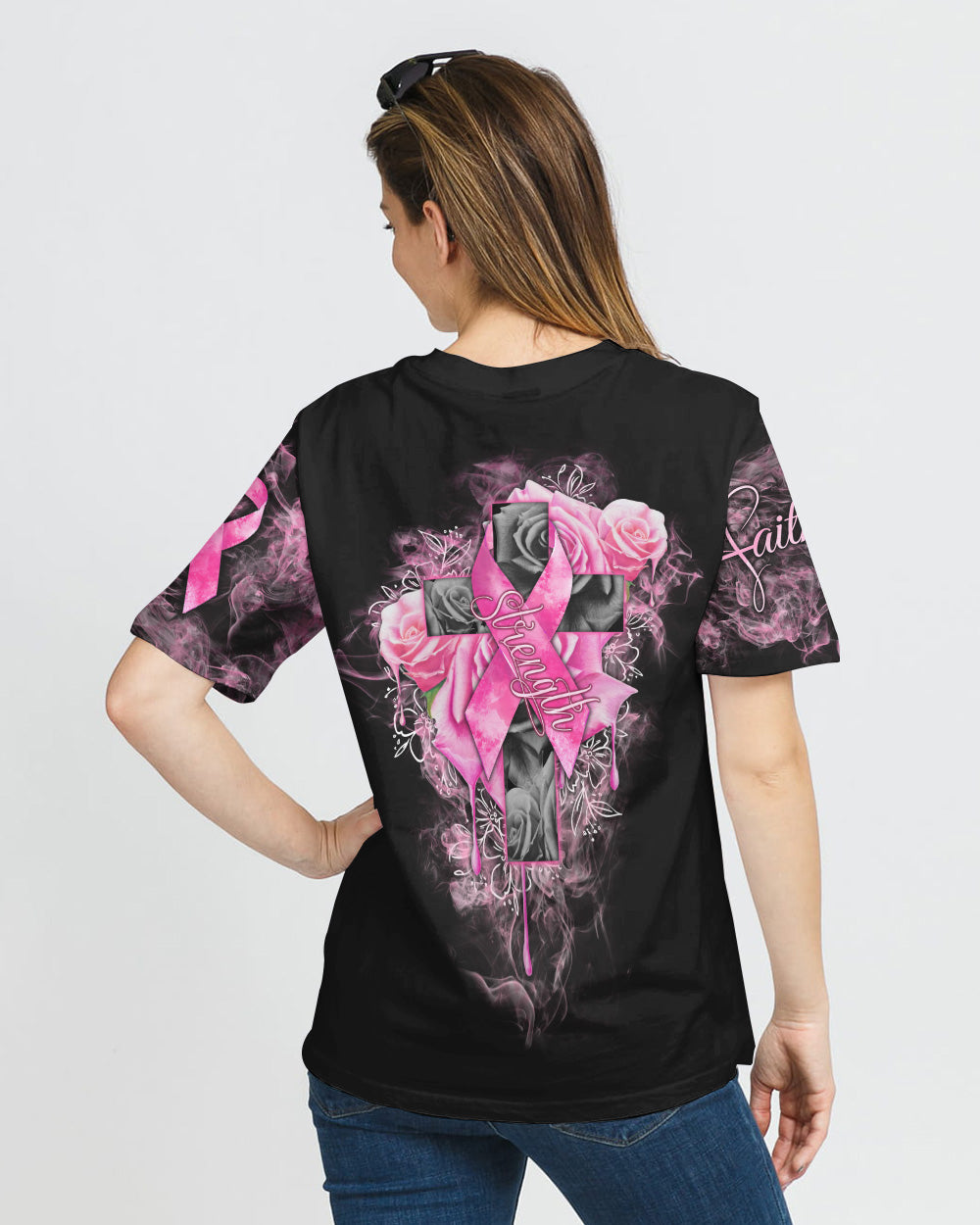 Strength Rose Cross Ribbon Women's Breast Cancer Awareness Tshirt