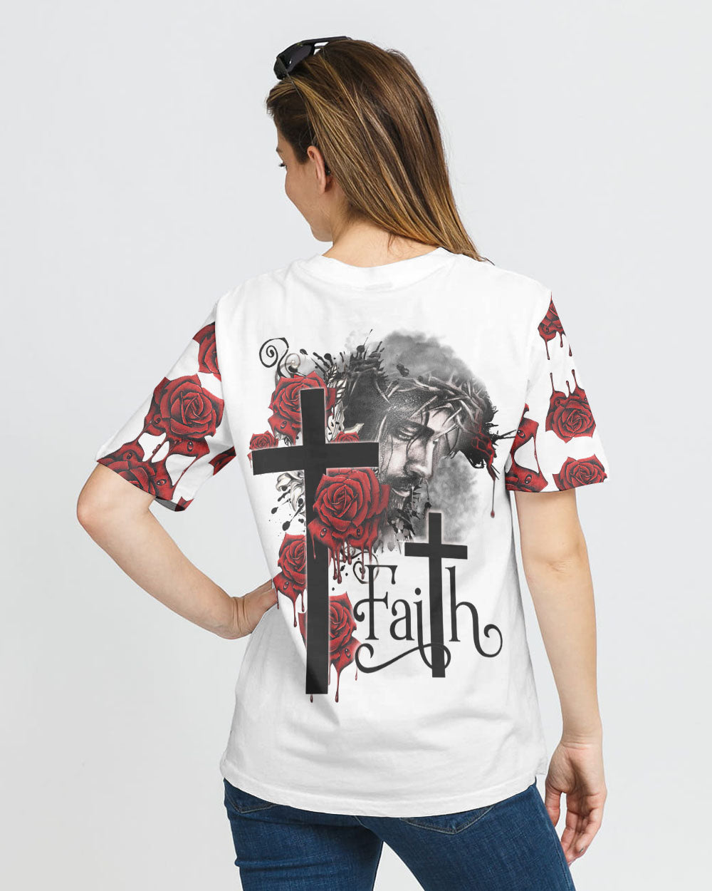Faith Jesus Rose Watercolor Women's Christian Tshirt