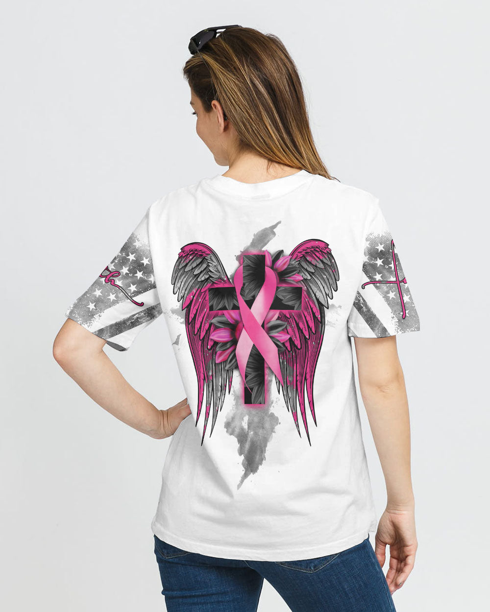 White Faith Cross Ribbon Wings Women's Breast Cancer Awareness Tshirt
