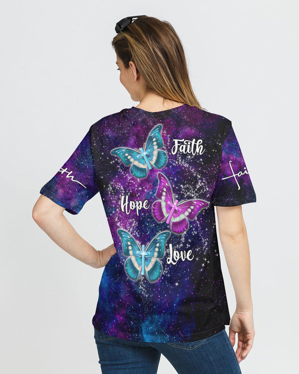 Faith Hope Love Galaxy Butterfly Cross Women's Christian Tshirt