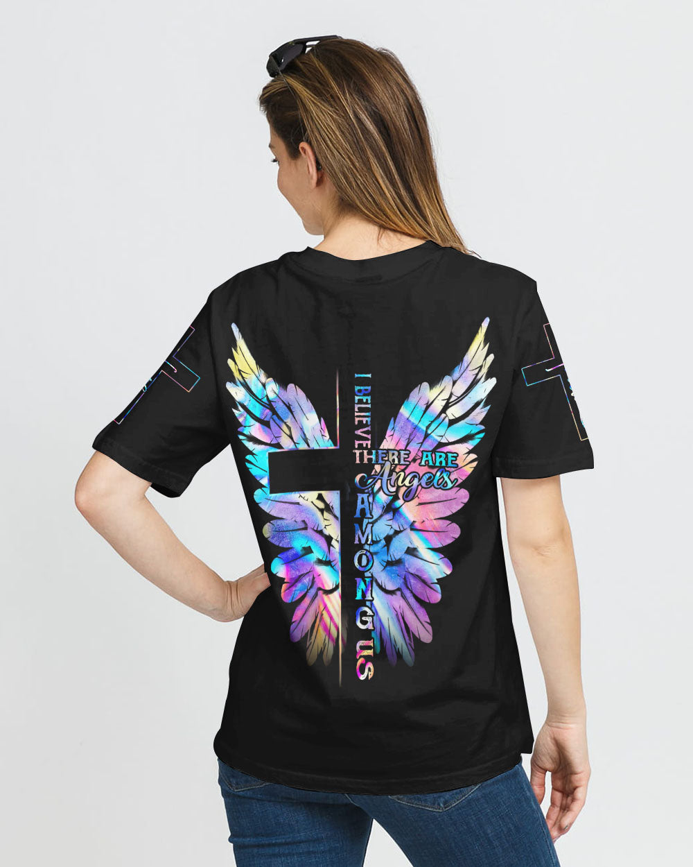 I Believe There Are Angels Among Us Wings Cross Women's Christian Tshirt