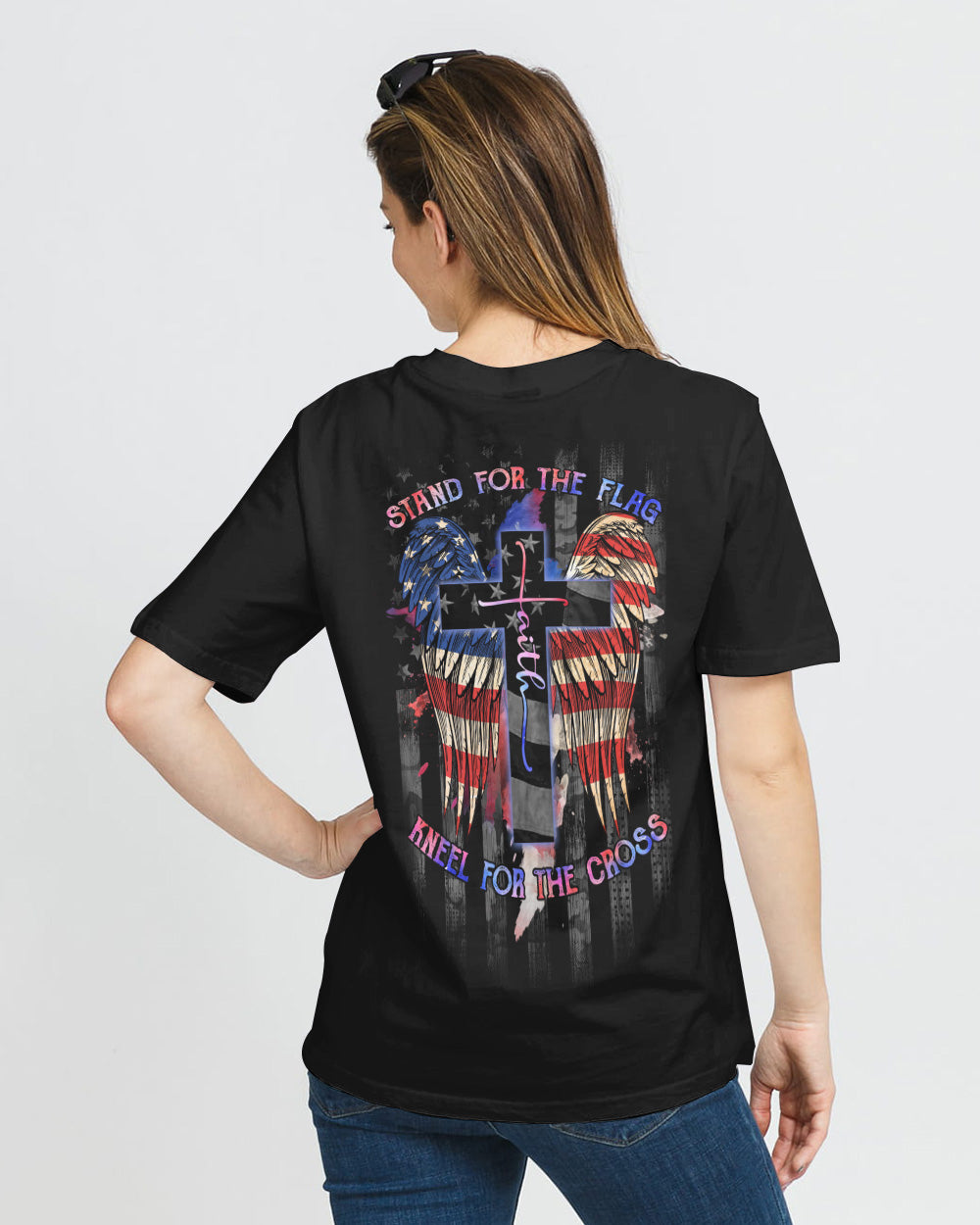 Stand For The Flag Kneel For The Cross America Flag Wings Women's Christian Tshirt
