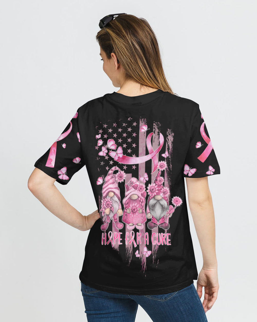 Hope For A Cure Gnome Pink Ribbons Flag Women's Breast Cancer Awareness Tshirt