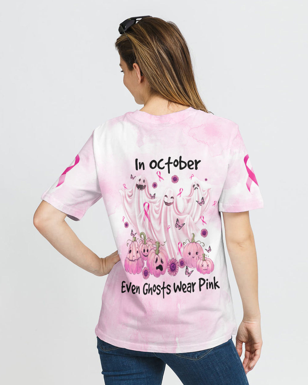 In October Even Ghosts Wear Pink Women's Breast Cancer Awareness Tshirt