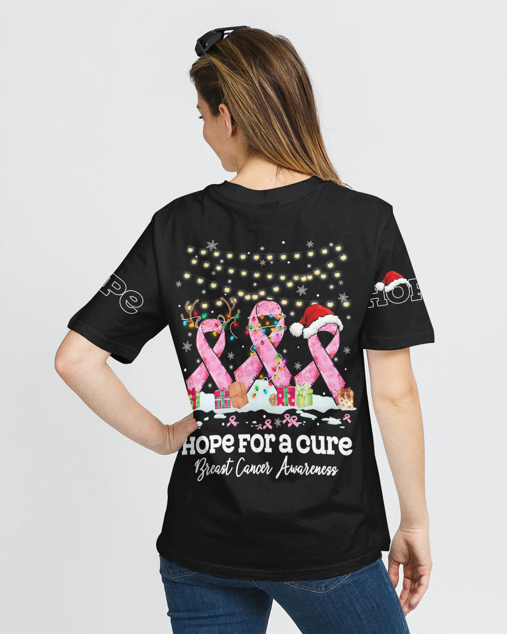 Hope For A Cure Ribbon Christmas Women's Breast Cancer Awareness Tshirt