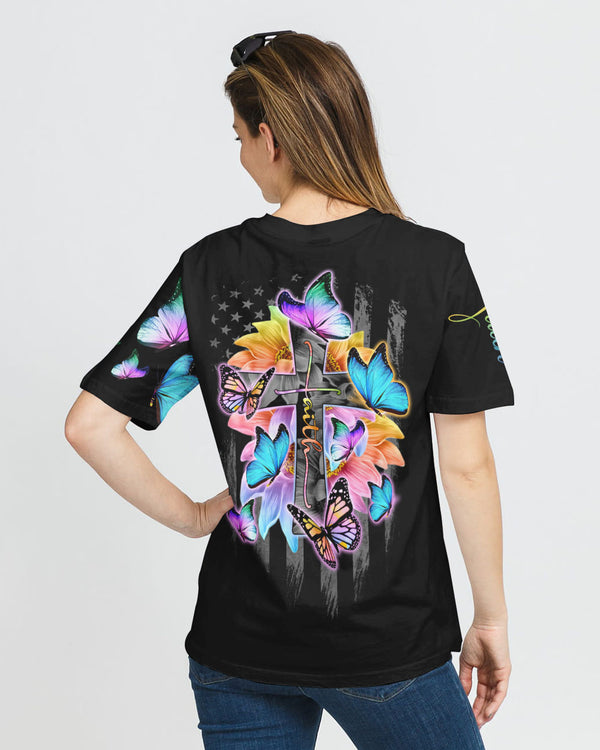 Faith Butterflies Sunflower Flag Cross Women's Christian Tshirt
