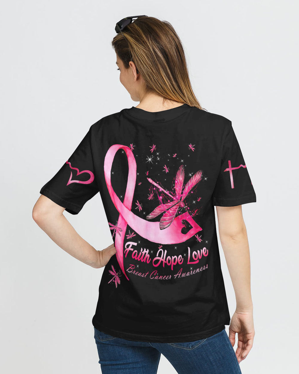 Faith Hope Love Dragonfly Ribbon Women's Breast Cancer Awareness Tshirt