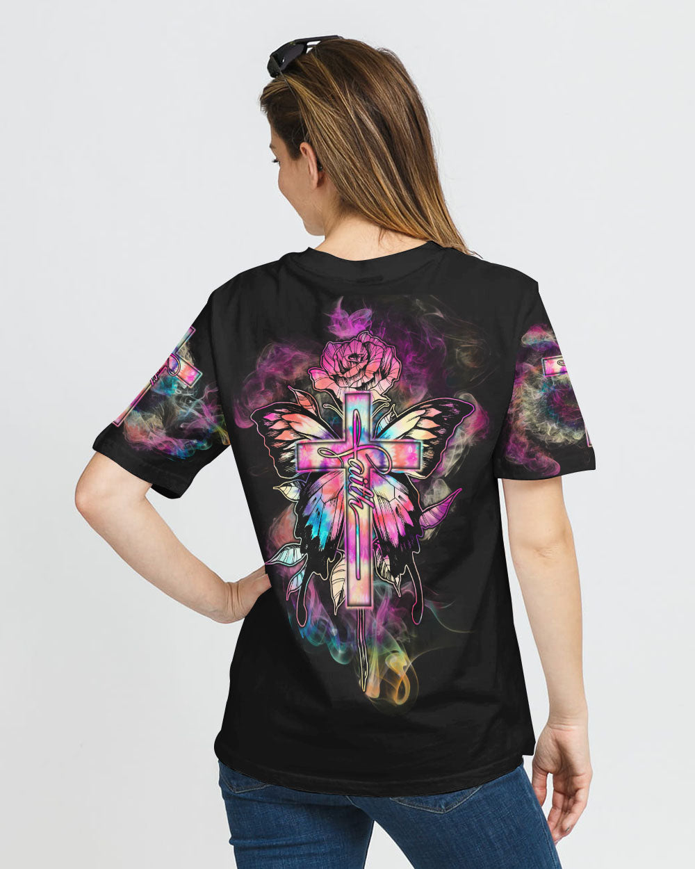 Tie Dye Butterfly Cross Faith With Rose Women's Christian Tshirt
