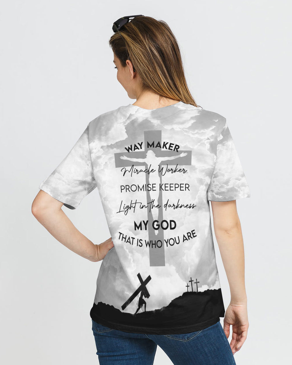 Miracle Worker Promise Keeper Light In The Darkness White Black Cross Women's Christian Tshirt