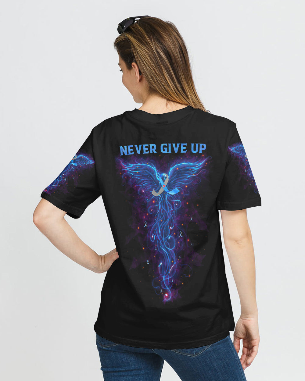 Never Give Up Blue Phoneix Ribbon Women's Diabetes Awareness Tshirt