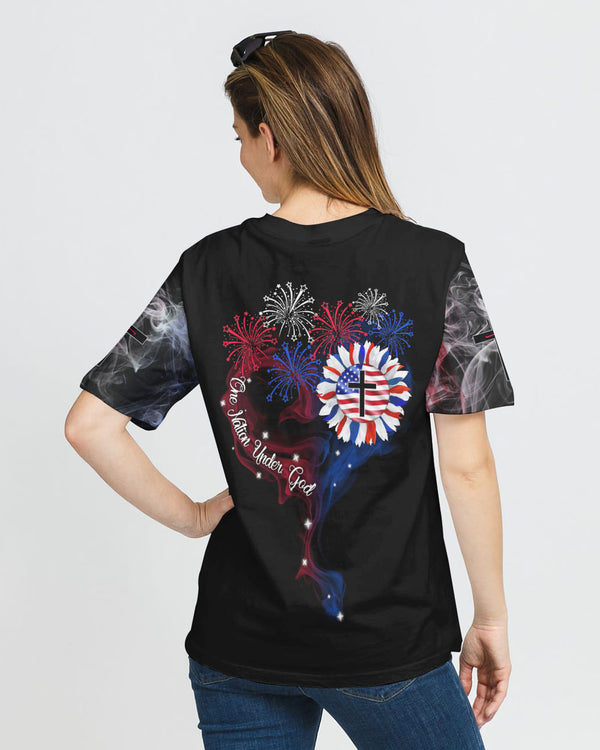 One Nation Under God Firework Smoke Flag Independence Day Women's Christian Tshirt