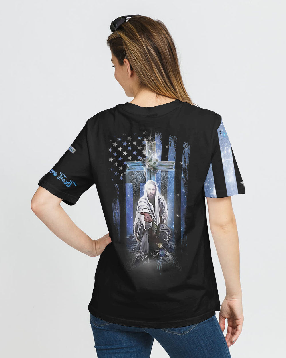 Faith Jesus Cross Galaxy Flag Women's Christian Tshirt