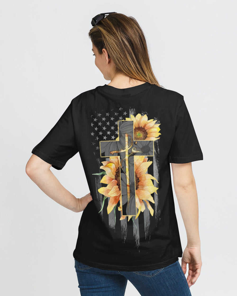 Fé Sunflower Cross American Flag Women's Christian Tshirt