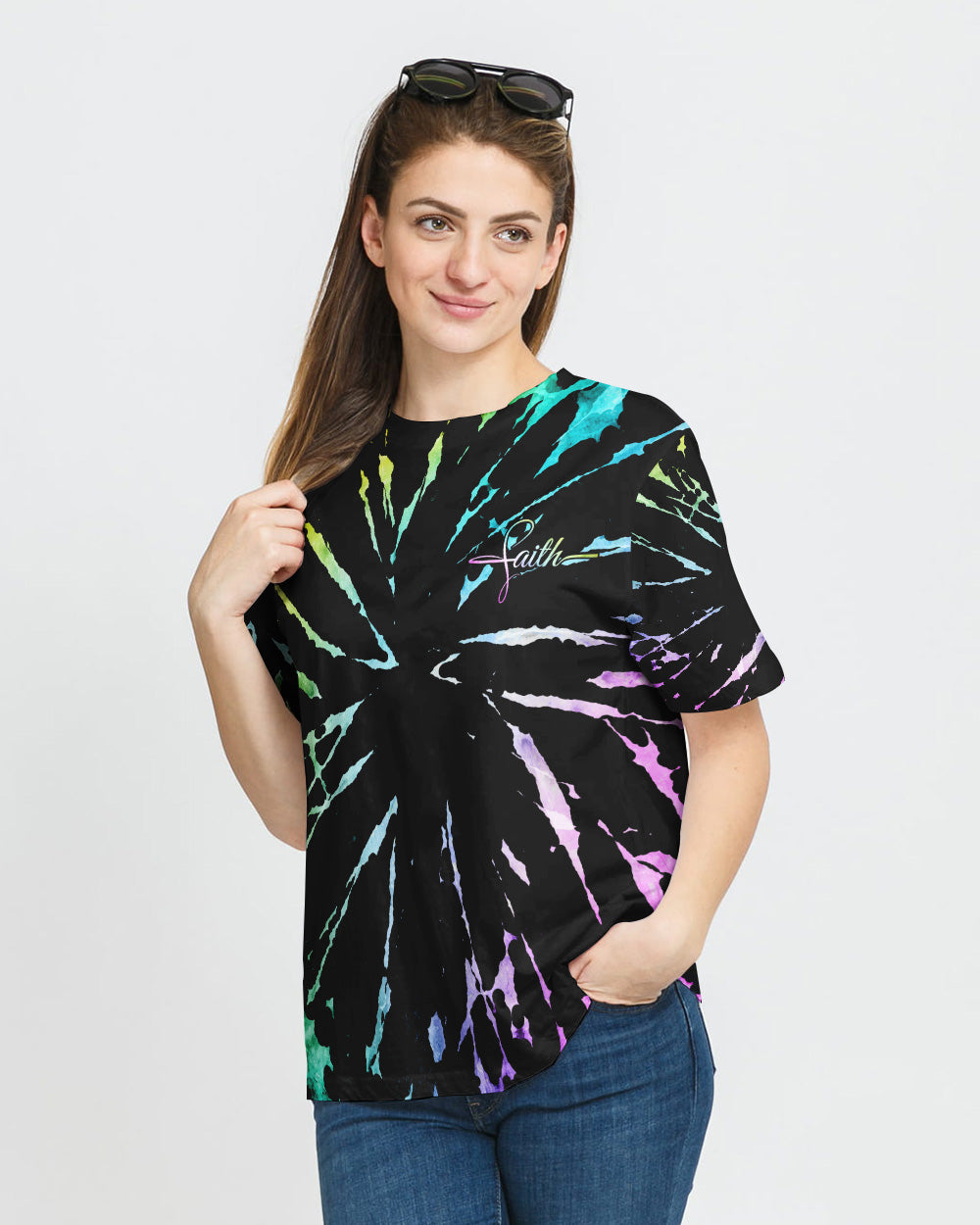Faith Cross Rainbow Sunflower Tie Dye Women's Christian Tshirt