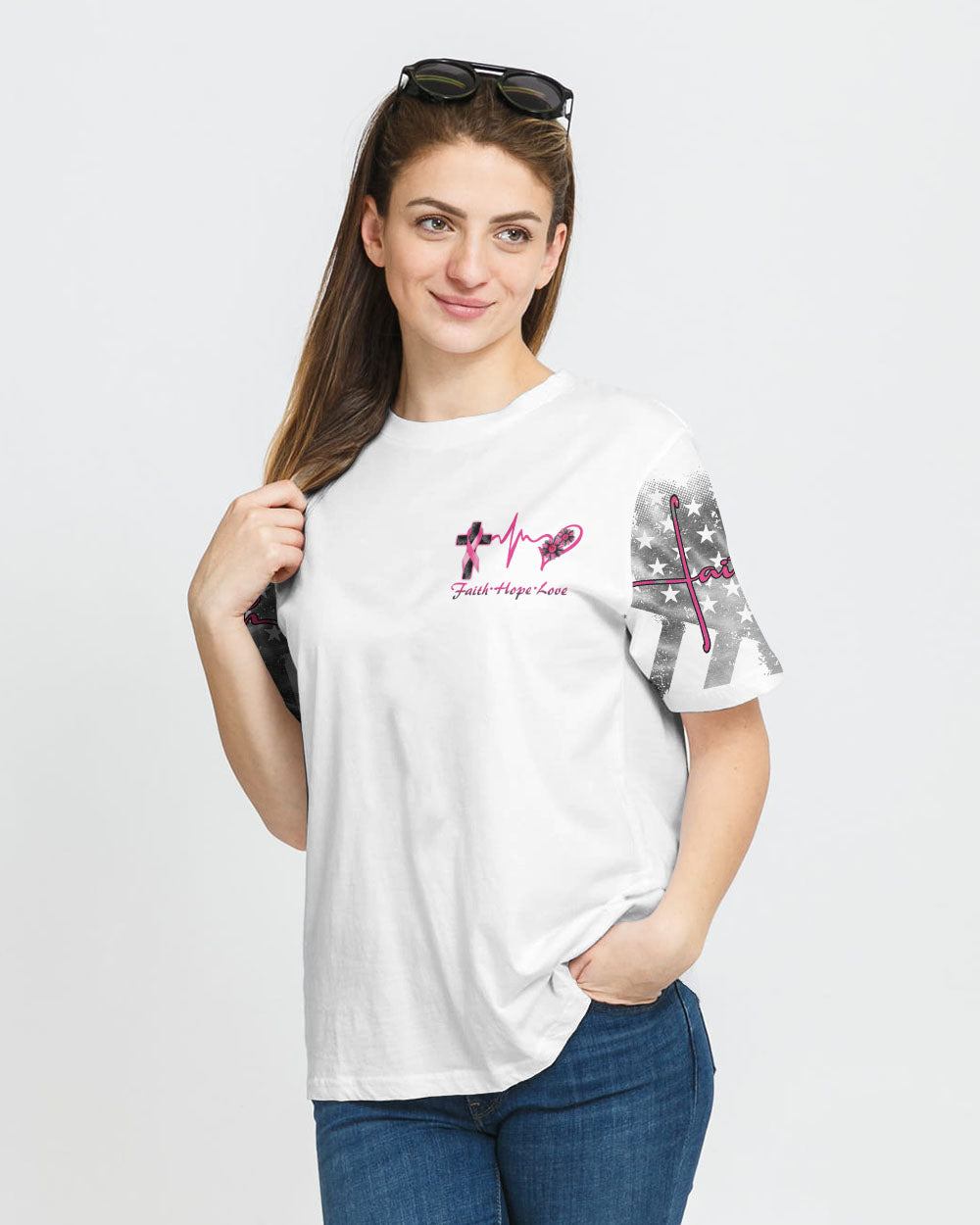 White Faith Cross Ribbon Wings Women's Breast Cancer Awareness Tshirt