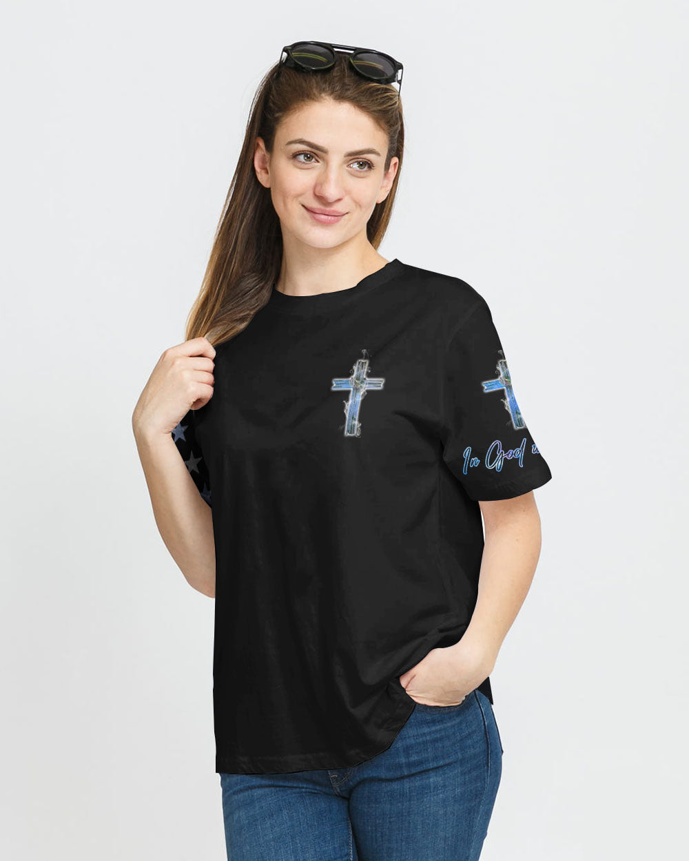 Faith Jesus Cross Galaxy Flag Women's Christian Tshirt