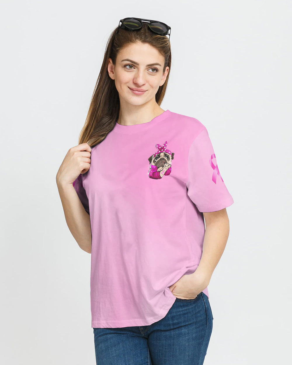 Think Pawsitive Pink Headband PullDog Women's Breast Cancer Awareness Tshirt